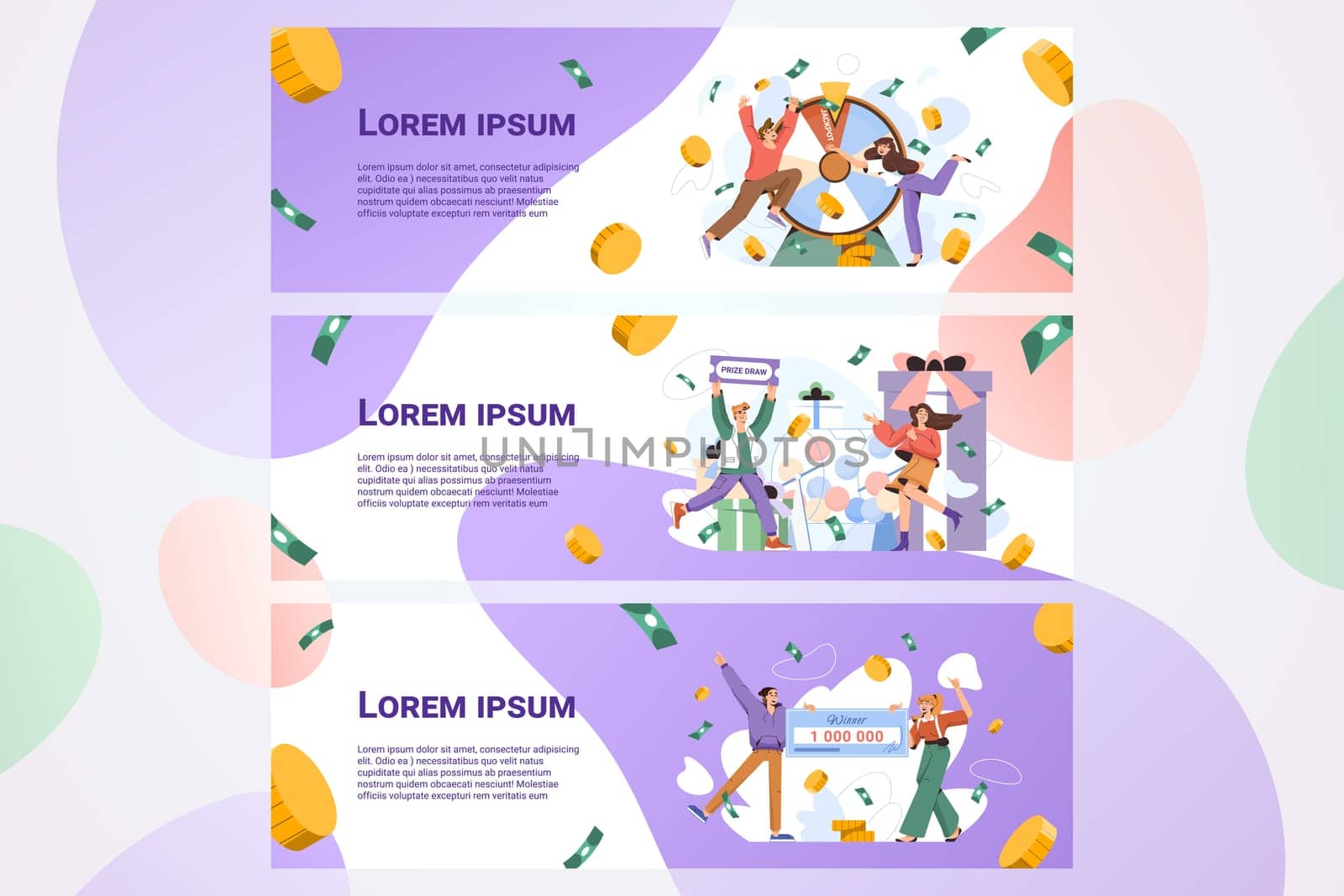Lottery win flat web banner set. Lucky winners playing lotto, take part in prize drawing, hit jackpot and receive money prize in gambling games. Happy people winning prizes. Luck and fortune concept.