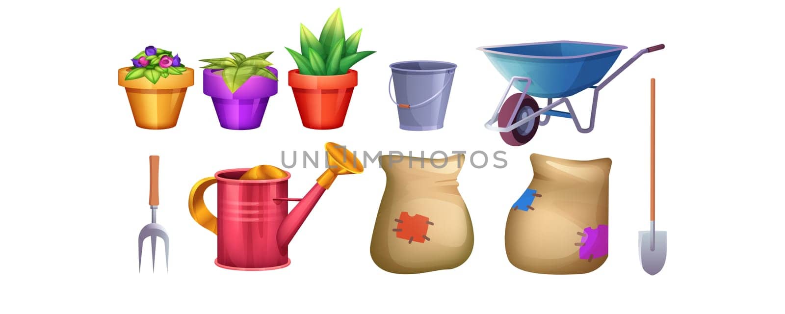 Set of indoor gardening tools isolated on white background. Cartoon plant in pot, wheelbarrow, shovel, pitchfork, watering can. Hand equipment for garden. Soil in bag for planting flowers on backyard.