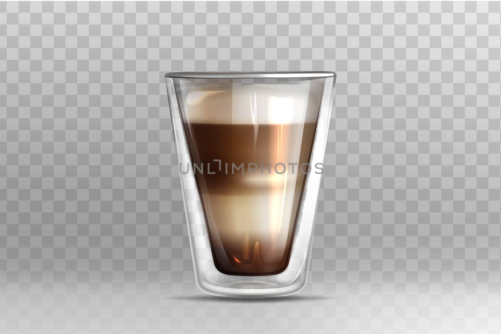 Realistic vector illustration of hot coffee in glass cup with double walled on transparent background. Cappuccino or latte drink with milk foam on top. Mockup template for branding or product design.