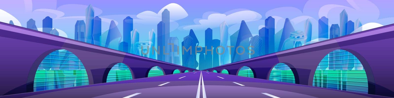 Cartoon city with buildings and traffic road. Cityscape with highway and bridge. Modern architecture towers and skyscrapers. Urban landscape design. Street in perspective.