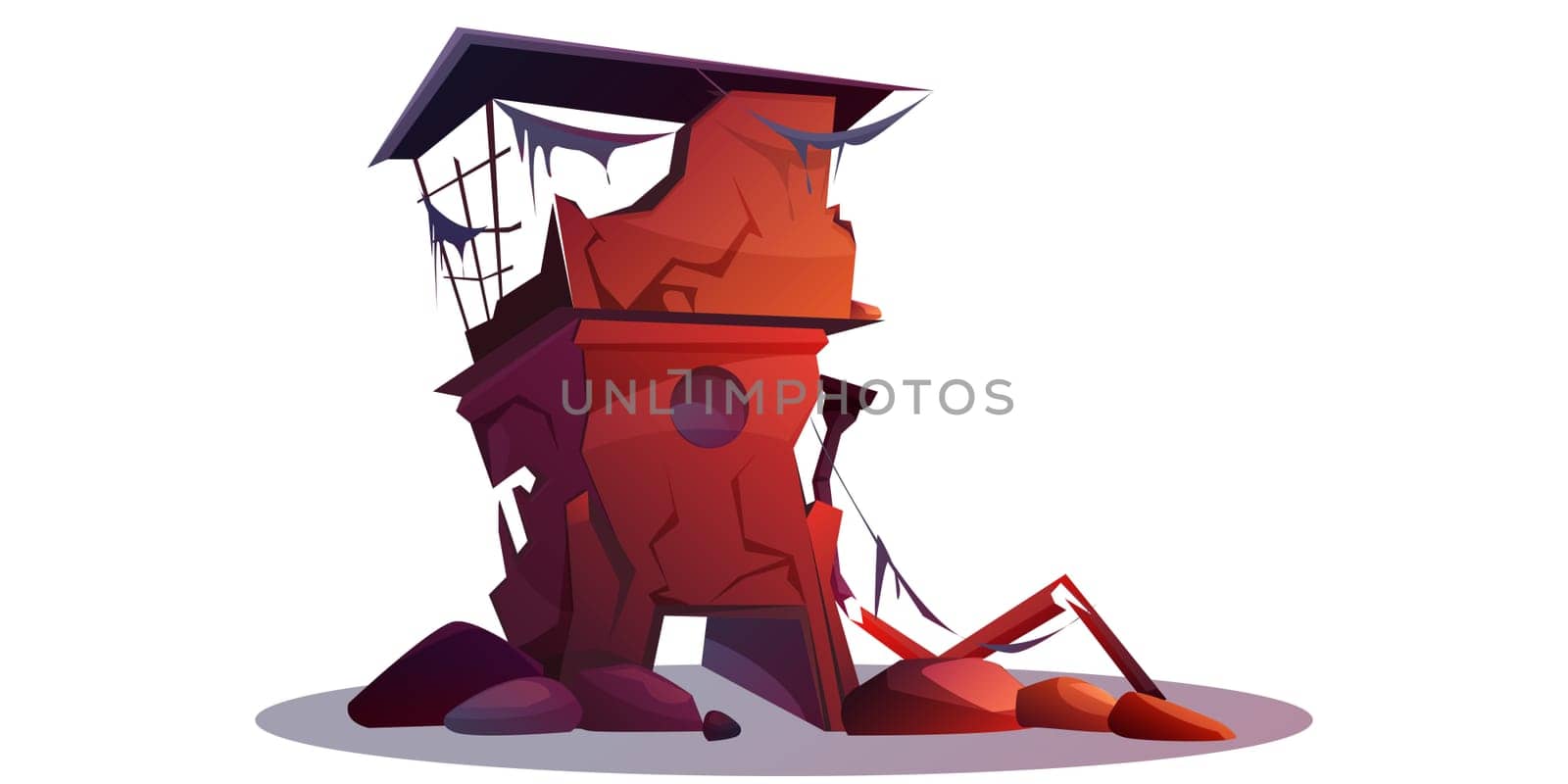 Destroyed building after natural disaster or war. Abandoned broken city house cartoon isolated vector illustration. Damaged structure or derelict town ruins after cataclysm, earthquake or explosion.