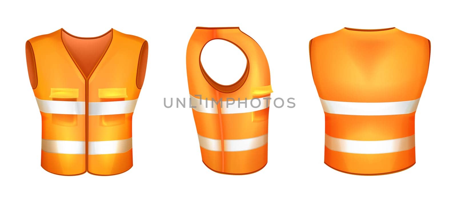 Realistic orange safety vest with reflective tape. Protective uniform with fluorescent stripes or hi-vis clothing for workers. High visibility waistcoat. Fluorescent personal protective workwear.