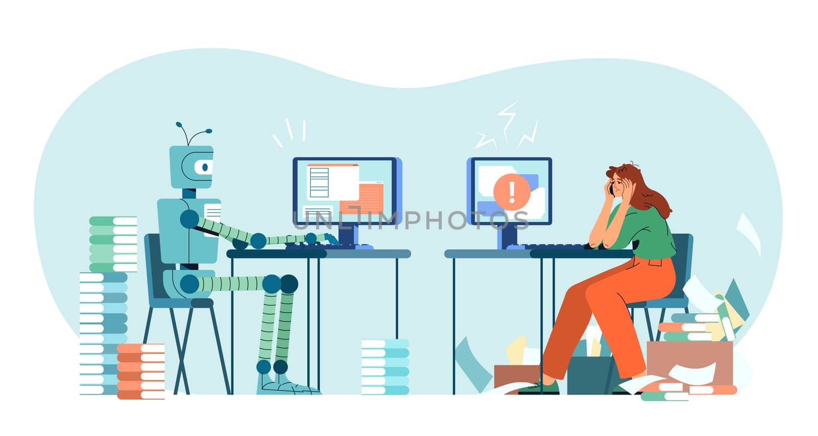 Robot vs human flat vector illustration. Robotic machine and tired woman at computer in office. Humanoid versus person. Artificial intelligence challenging employee. Modern ai technology.