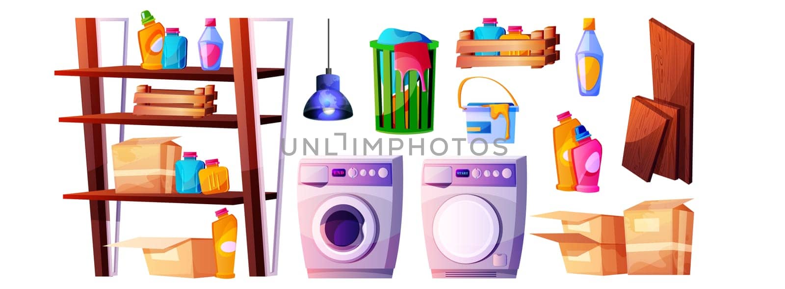 Vector cartoon set of household chemicals, basket for dirty linen, washing and dryer machine. Laundry room with cleaning supplies, wooden shelves with cardboard boxes and detergents in plastic bottles