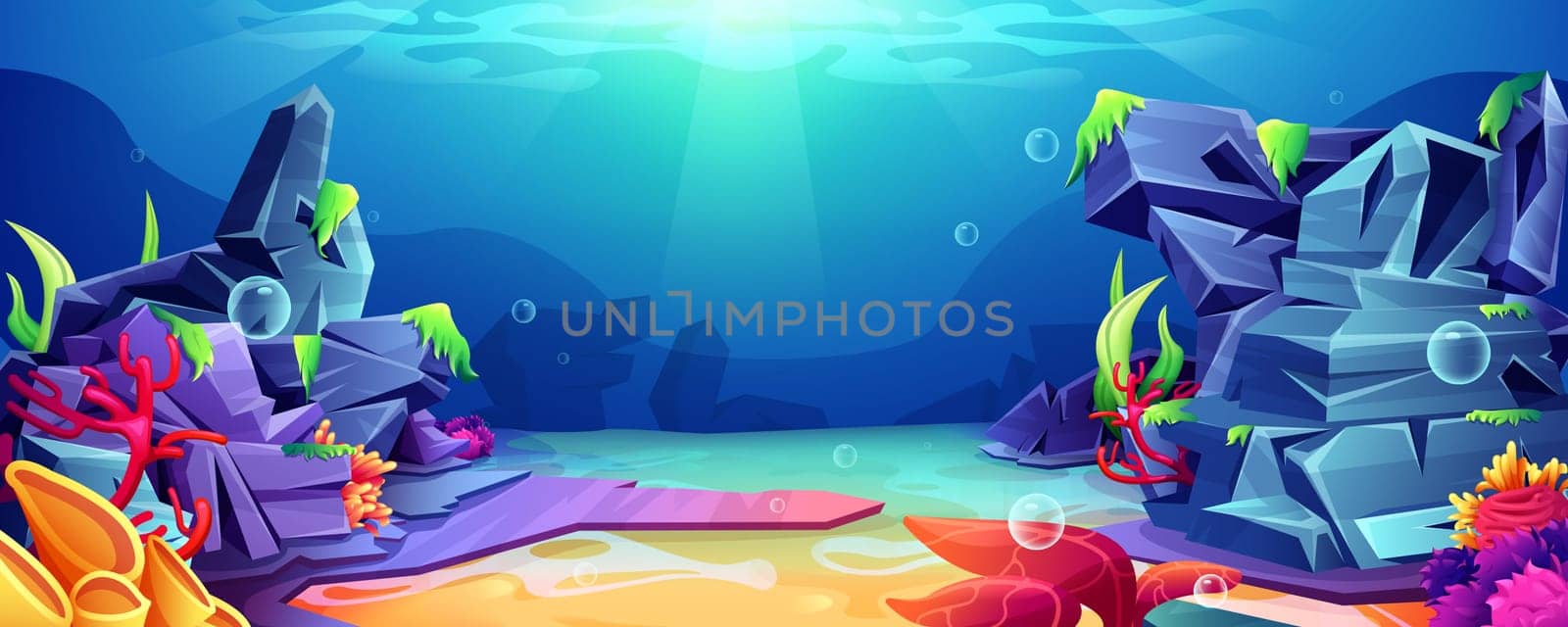 Coral reef ocean underwater background. Undersea landscape with sand bottom, seaweeds on rocks and turtle. Marine life on deep with falling sunlight beam and air bubbles. Sea aquatic world concept.