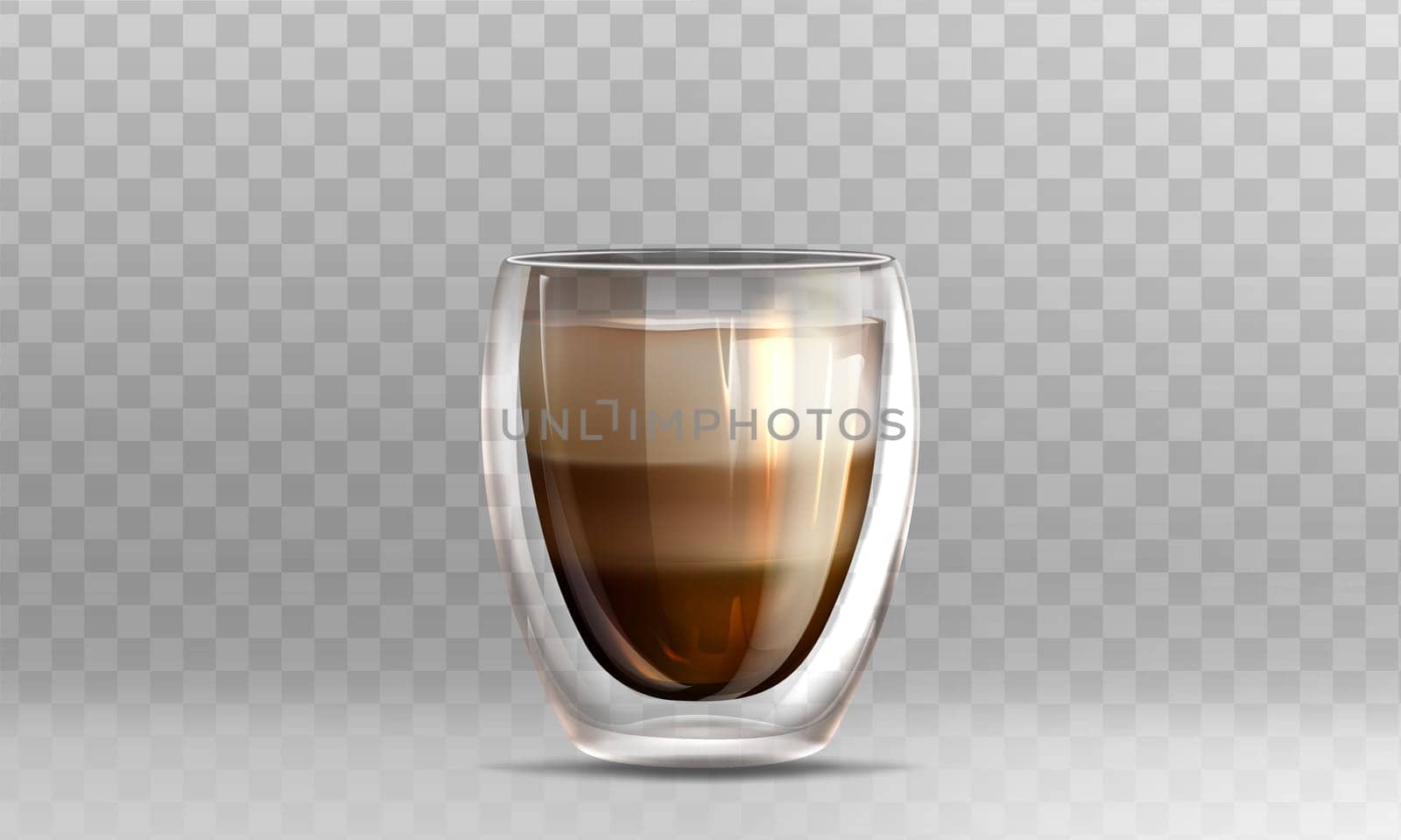 Realistic vector illustration of latte coffee in glass cup with double walled on transparent background. Cappuccino hot drink with milk foam. Mockup template for branding or product design.
