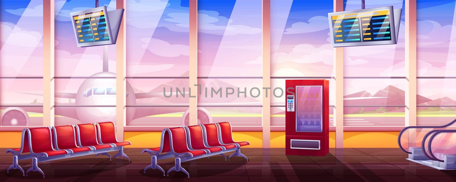 Cartoon vector illustration of empty airport lounge with waiting area. Terminal interior with schedule display, seats, escalator and vending machine. Departure hall with window and aircraft outside.