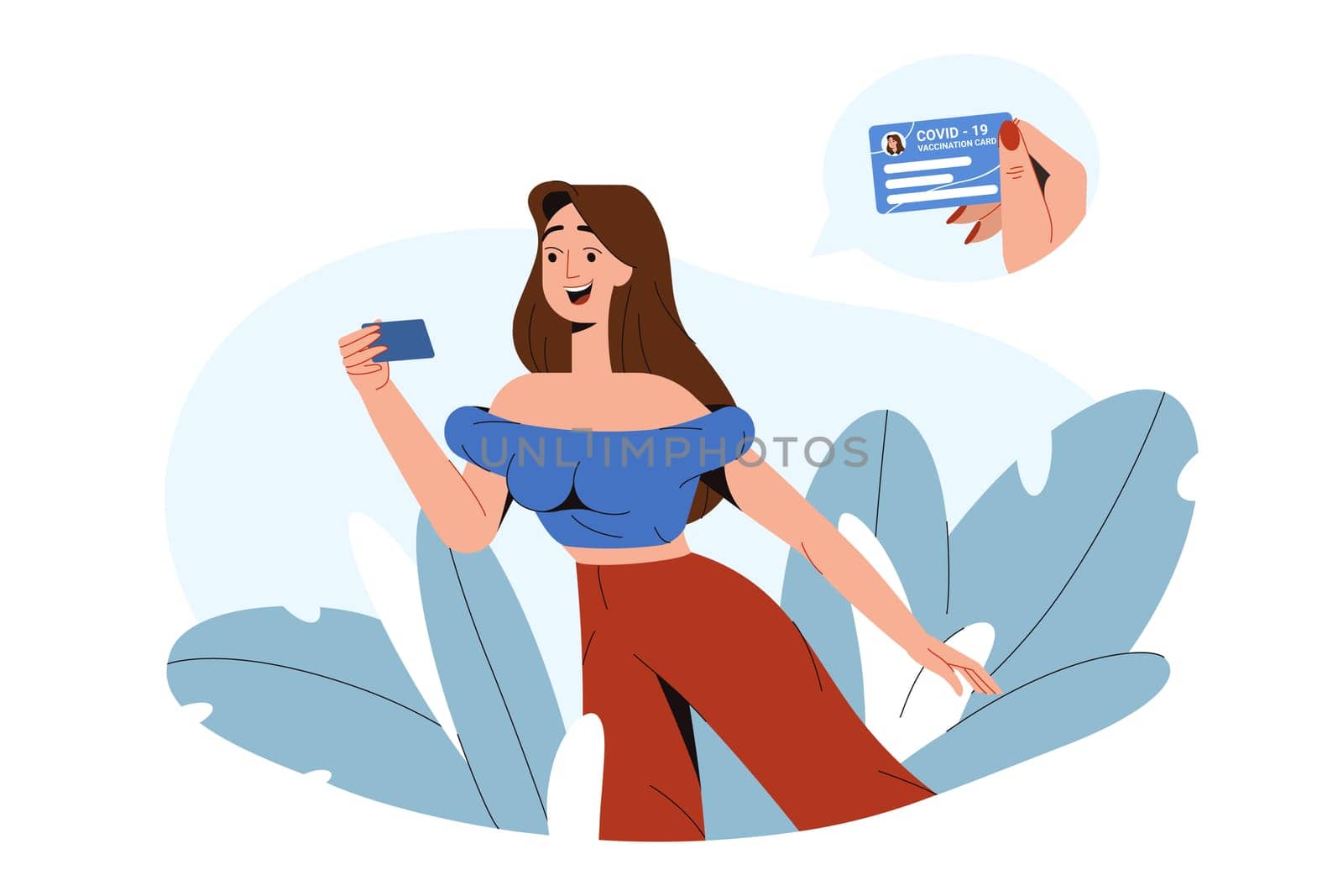 Flat happy girl holding vaccination record card. Vaccinated young woman hold health passport. Personal coronavirus vaccine information, individual immunity certificate. Protection from virus concept.