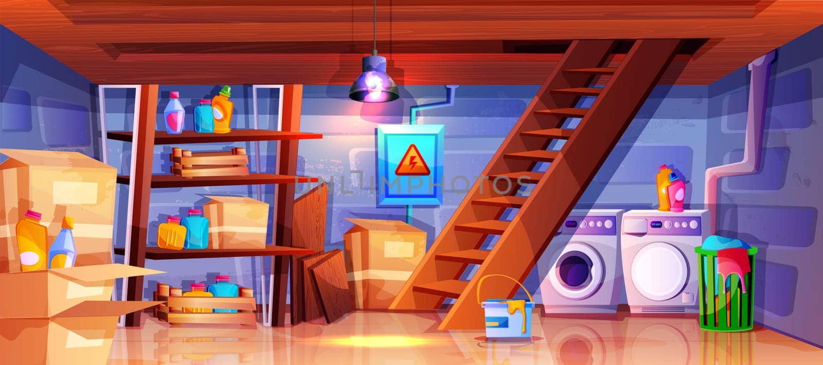 Cartoon interior of basement with wooden ladder. Home cellar in cottage with laundry room. Storehouse with washing and dryer machines, shelves with carton boxes, detergents and basket with dirty linen