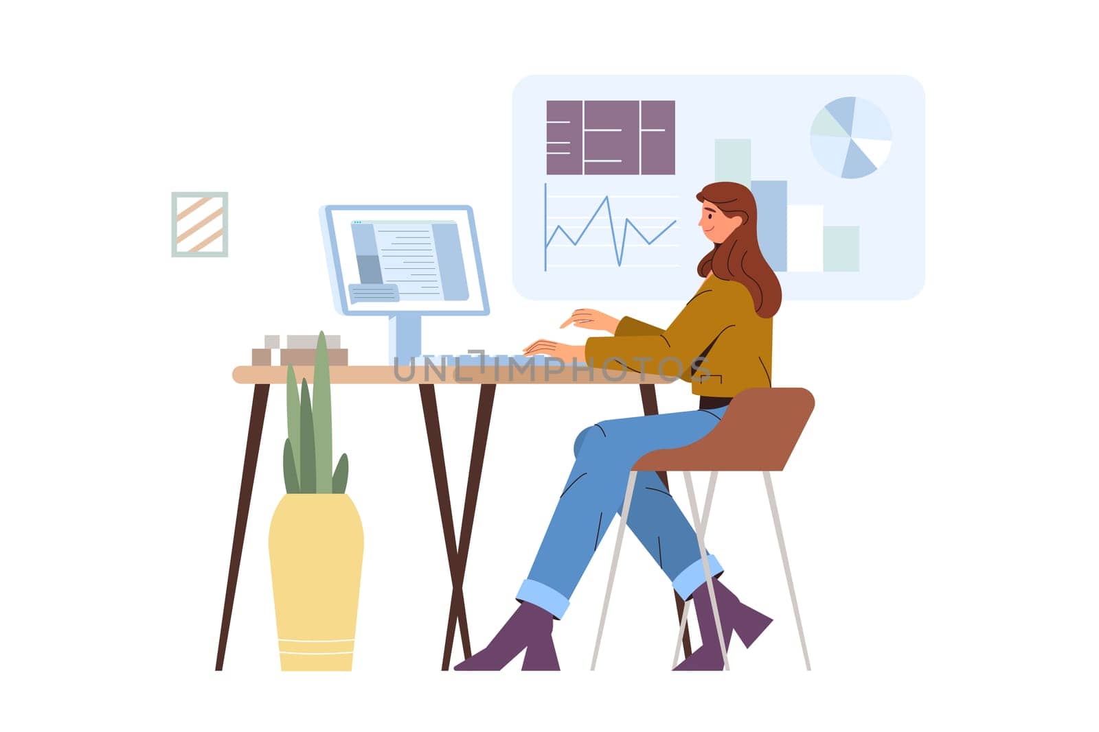 Flat business young woman working at office desk. Worker sitting at the table with computer and analyzing statistical information, charts and graphs. Digital data analysis and statistical concept.