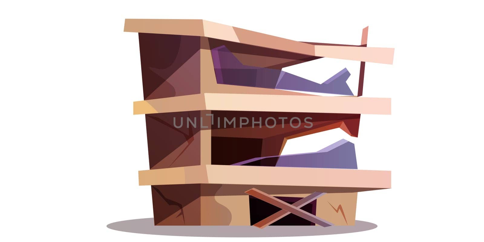 Abandoned broken house after natural disaster, cataclysm or earthquake. Old city building on white background cartoon vector illustration. Damaged construction, derelict urban object after war.