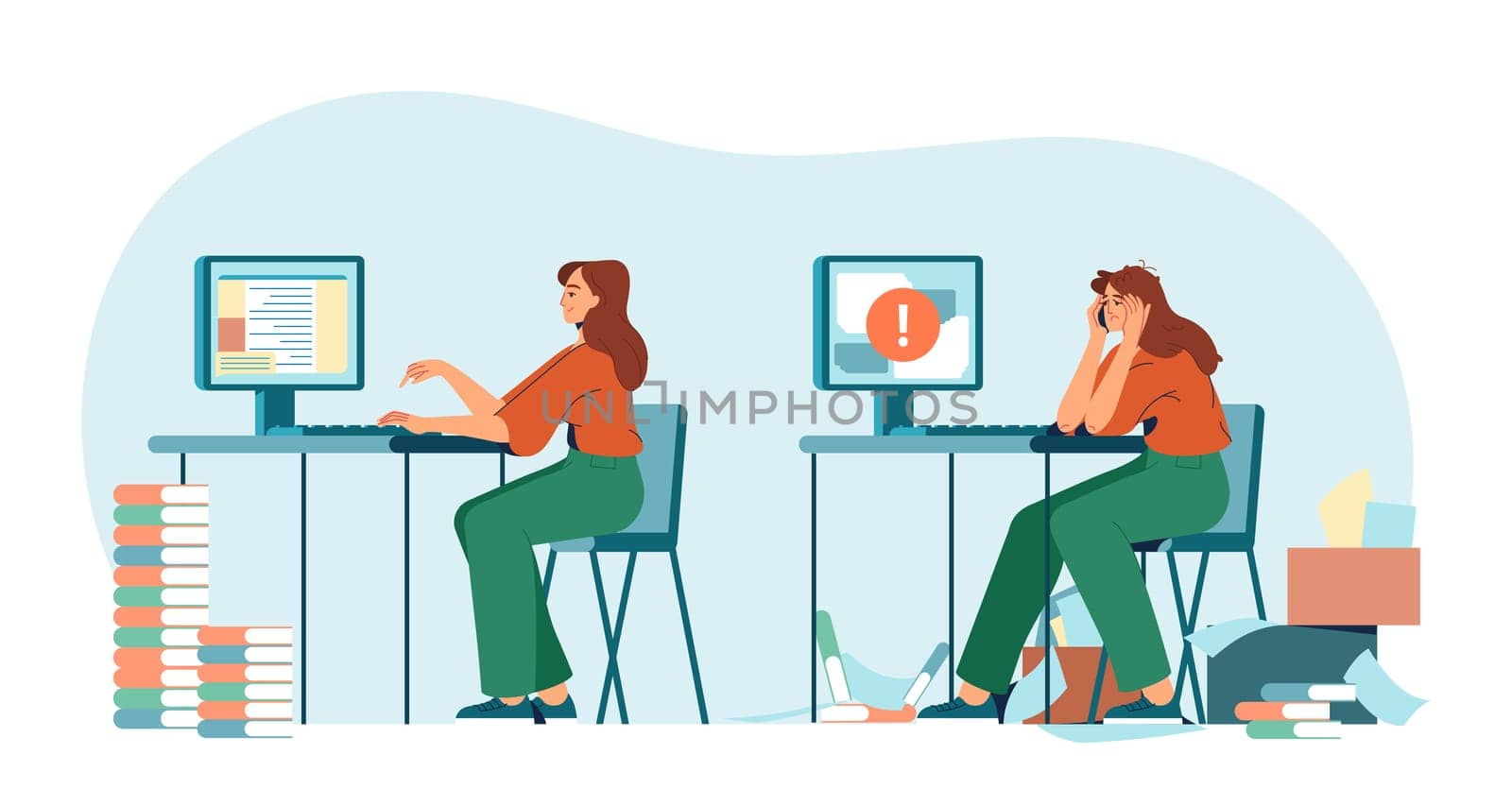 Full of energy and tired exhausted woman office worker at workplace. High and low energy levels. Professional burnout syndrome. Flat concept of stress, overworked, tiredness and mental health problems