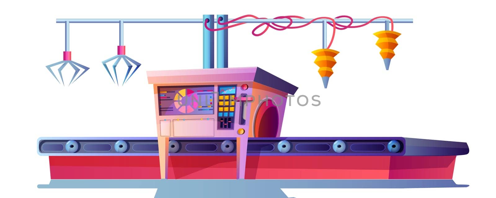 Cartoon factory conveyor belt for production of drink or food. Modern machinery line with robotic arms isolated on white background. Manufacturing process, smart industrial robot assistants.