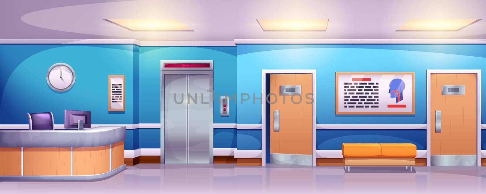 Cartoon empty medical clinic hall with reception desk and elevator. Hospital corridor interior with lift and sofa vector cartoon illustration. Waiting hallway or lobby with chairs and doors to wards.