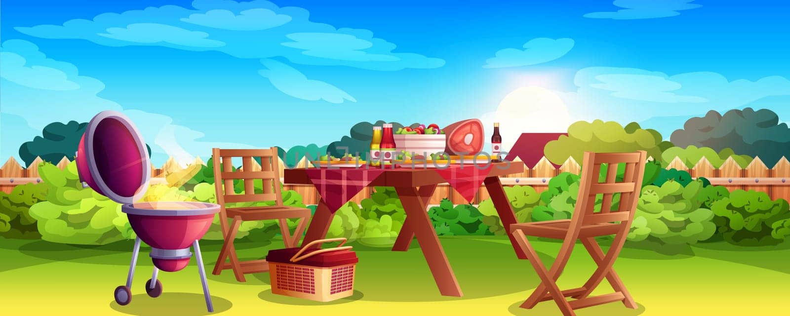 Cartoon green summer lawn on backyard with barbecue grill, wooden furniture and food on table. BBQ picnic or lunch with cooking grill, chairs, fence and bushes on home courtyard. Cookout party concept