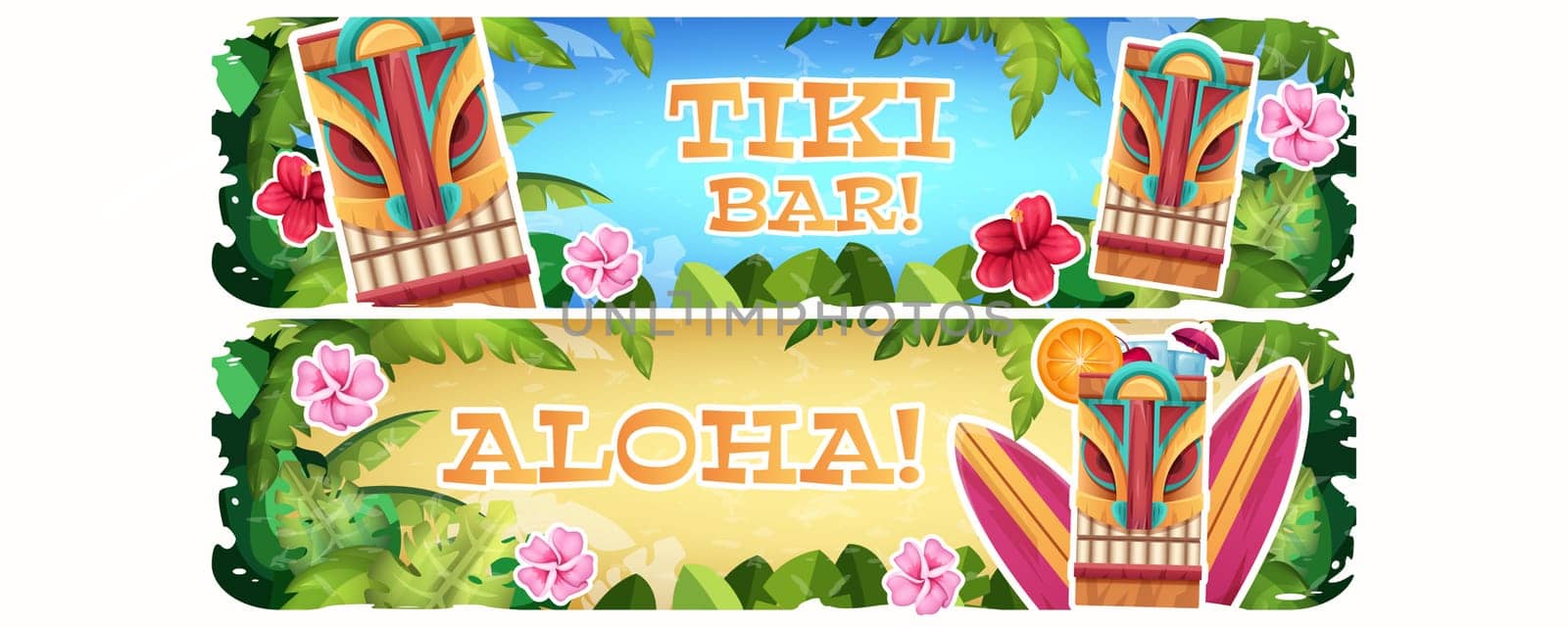Banners with traditional wooden tribal mask, tropical hawaii exotic plants and flowers. Invitation posters for hawaiian aloha party with tiki bar on white background. Cartoon vector illustration.