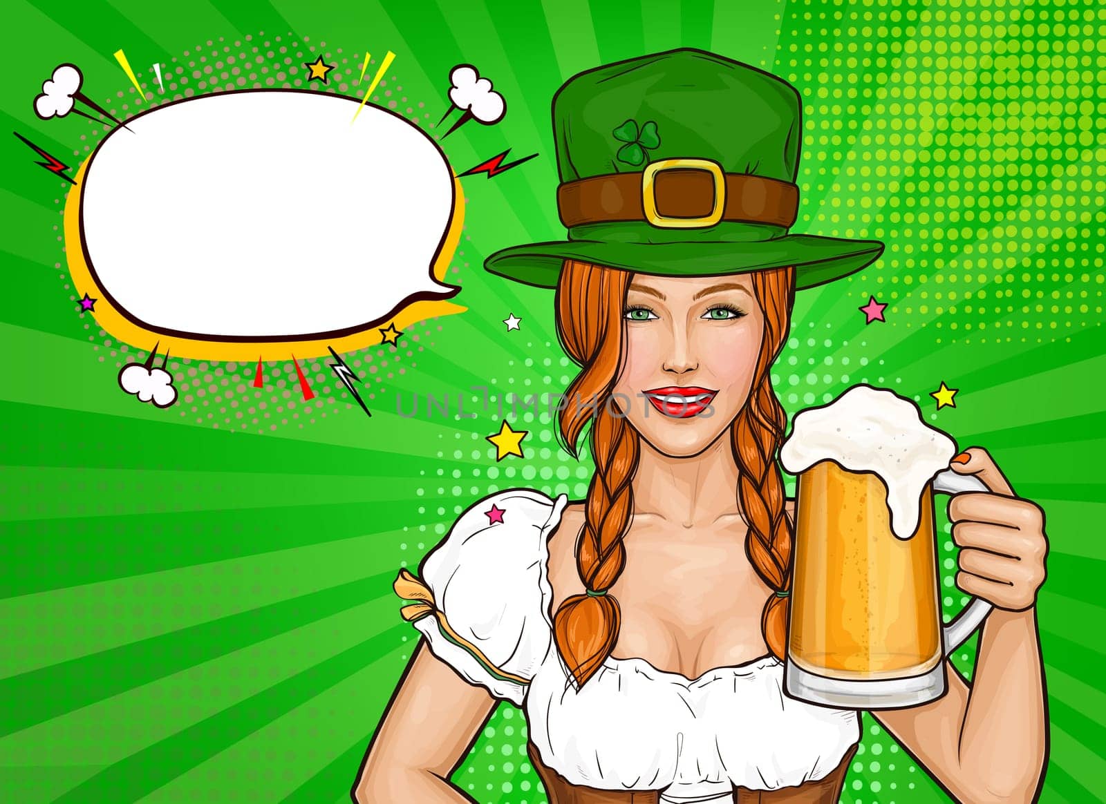Happy St Patrick's day pop art vector illustration. Young woman in green hat with clover and glass of beer in hand. Smiling waitress girl with shamrock holding alcohol drink. Irish celebration concept