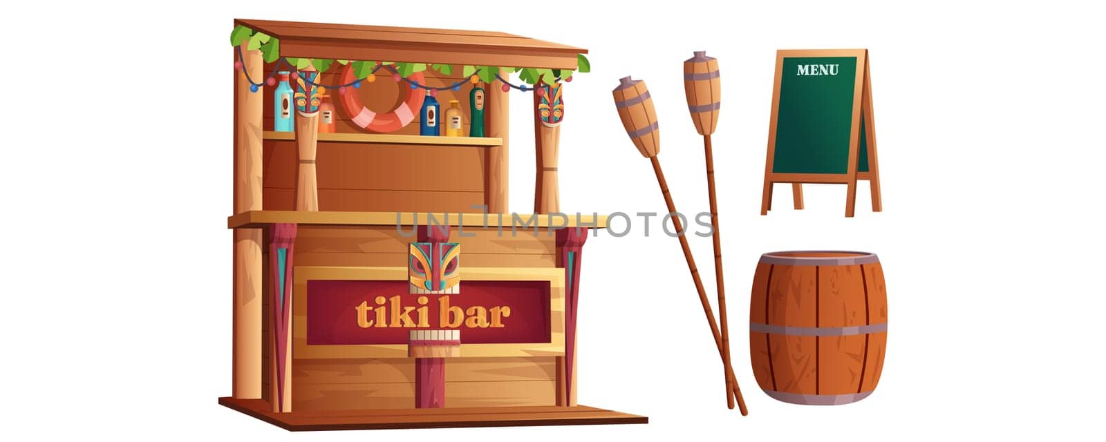 Cartoon set of summer hawaiian elements with hawaii totem, wooden beach cafe and drinks for ocean party. Tiki bar with tribal masks, torch, barrel and menu board isolated on white background.