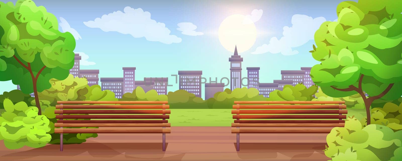 Cartoon empty city park with wooden bench, street lamp, green grass and trees. Urban public garden place with walk path for walking. Summer landscape with lanterns, walkway, town buildings on skyline.