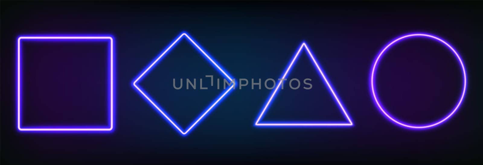Realistic set of neon frames different geometric shapes with led backlighting .Glowing fluorescent border isolated on dark background. Bright illuminated shape of rectangle, square, circle and rhombus