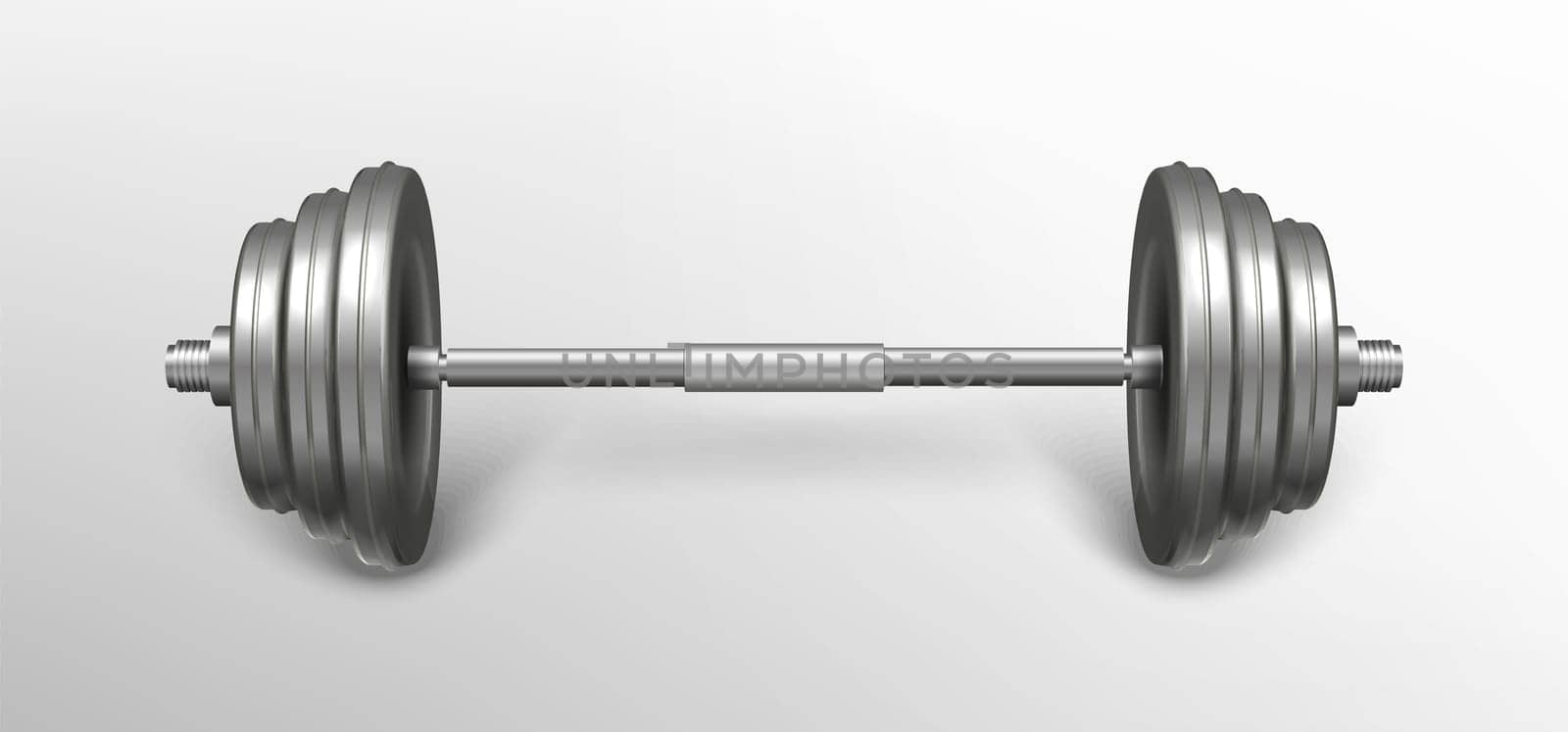 Metal realistic fitness barbell. Gym exercise equipment for bodybuilding training isolated on grey background. Silver iron sport object for weightlifting workout. Powerlifting gear for strong muscles.