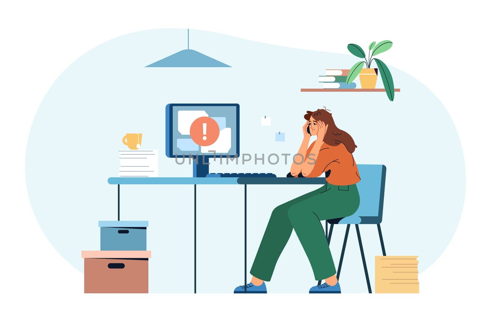 Flat tired exhausted woman office worker at computer desk on workplace. Woman with low energy levels. Professional burnout syndrome. Concept of stress, tiredness, overworked or mental health problems.