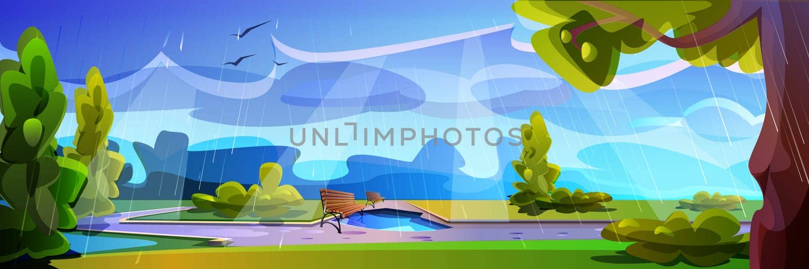 Empty city park at rainy weather with puddles, wooden bench, green grass and trees. Public place with street lamps and wet pathway. Vector cartoon summer landscape with gloomy sky and rain.
