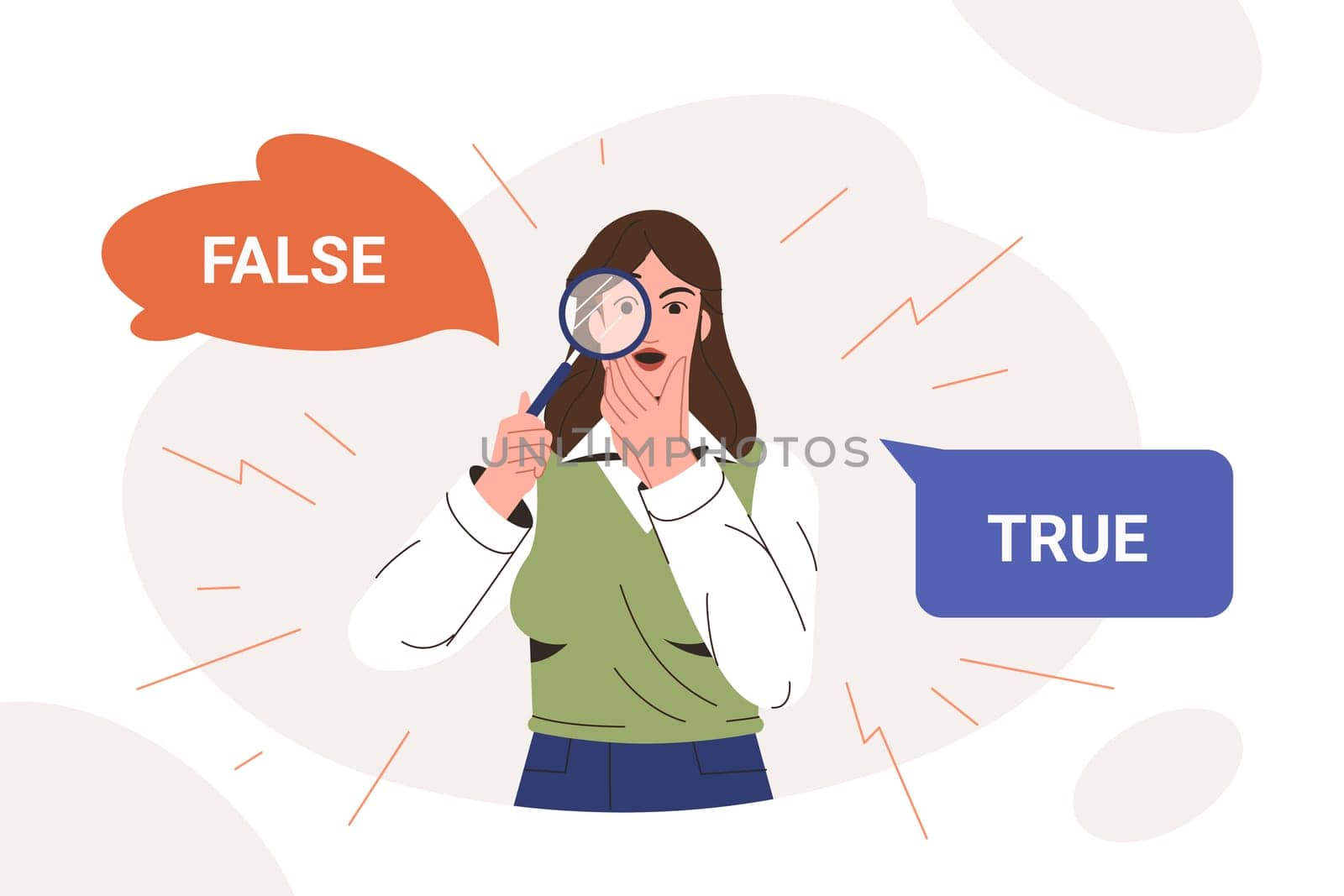 Woman choose option between false and true in speech bubbles flat vector illustration. Astonished girl looking through magnifying glass and comparing untruth and honest. Woman doubting and thinking.