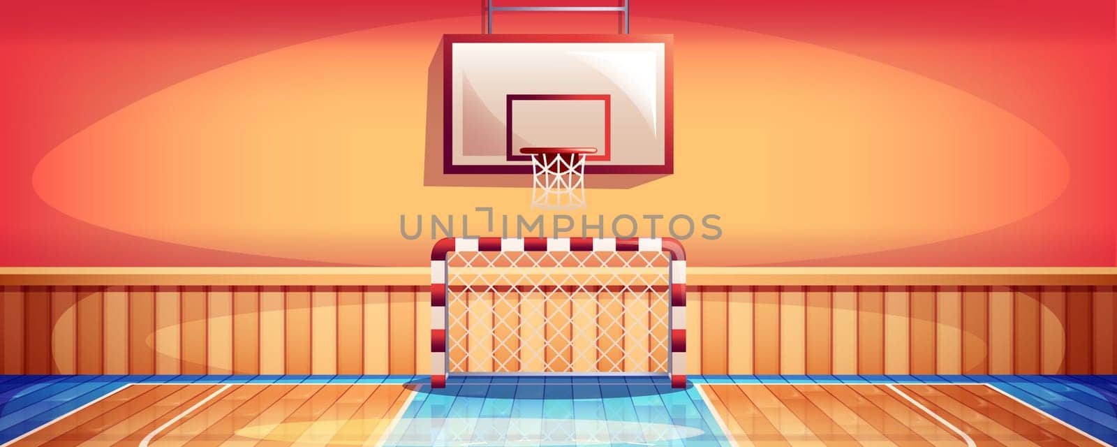 Cartoon school gym interior with gymnasium basketball court. Sport ground with wooden floor, hoop and football goal. Soccer arena for active games and exercises. Empty training room with basket.