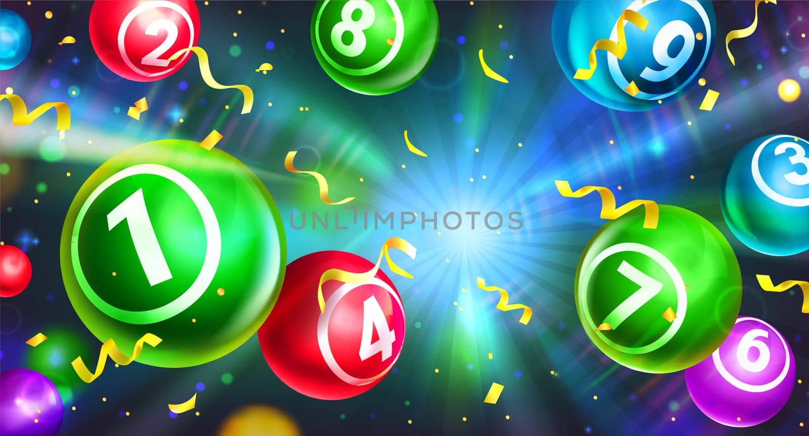 Realistic lotto balls with lucky winning combination numbers. Colourful round spheres falling with gold confetti. Bingo or lottery gambling games. Gaming leisure activity, jackpot or raffle concept.