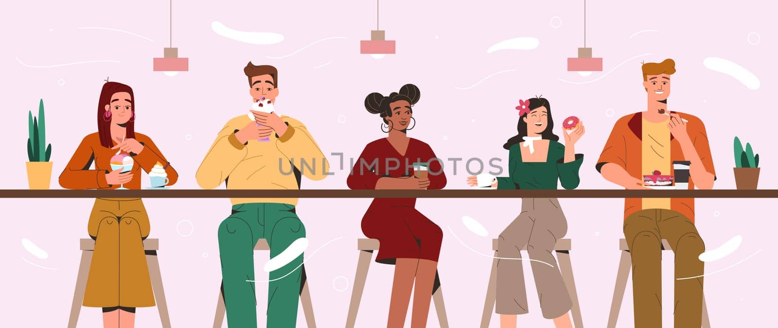 Flat happy people eating cakes, donuts and ice cream at cafe. Men and women tasting delicious desserts and drinking coffee. Sweet tooths enjoying sugar food and tasty unhealthy meal at cafeteria.