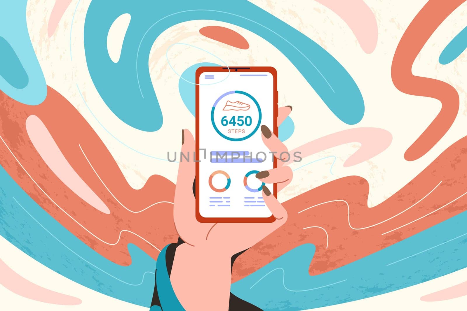 Hand woman hold mobile phone with pedometer or fitness tracker. Step counter app on smartphone flat vector illustration. Sensor to count steps and track daily walking progress on device screen.