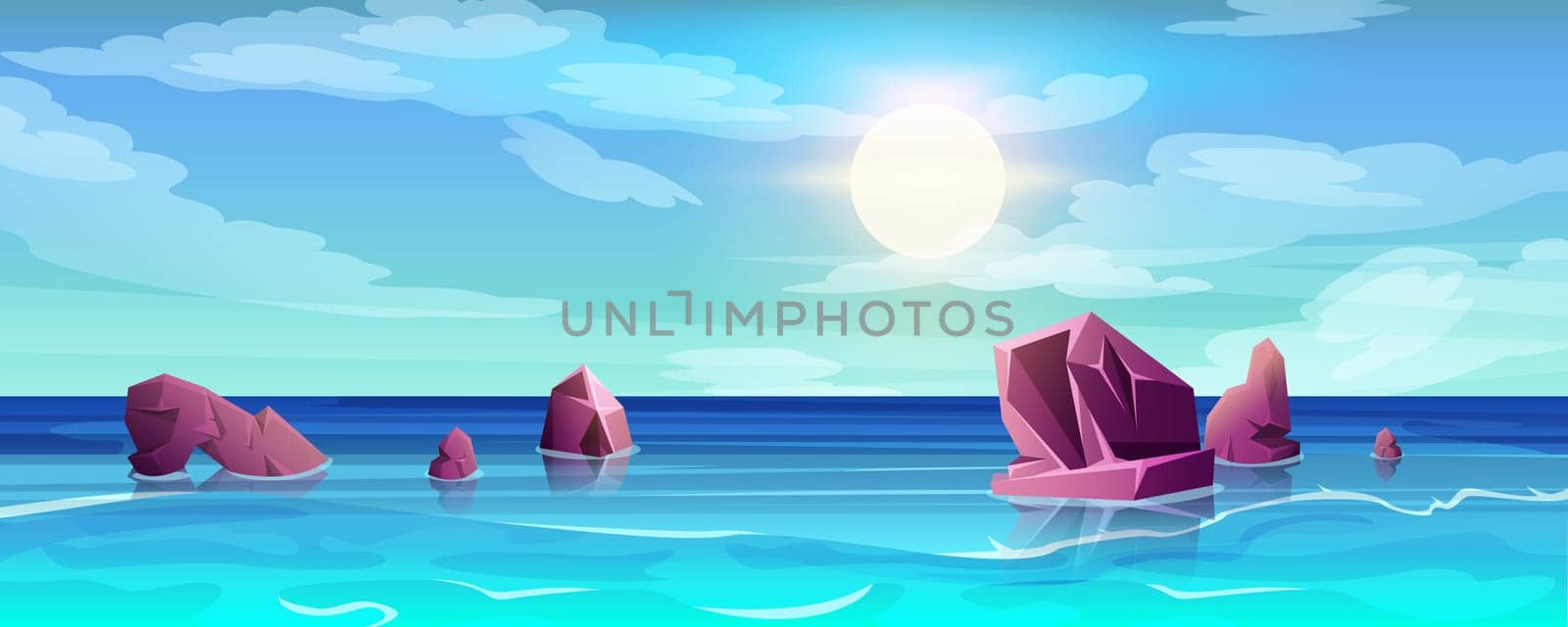 Ocean with rocks sticking up of water cartoon vector illustration. Nature landscape with blue sky, shining sun above sea and clouds, day view. Summer seascape of rocky shore on island.
