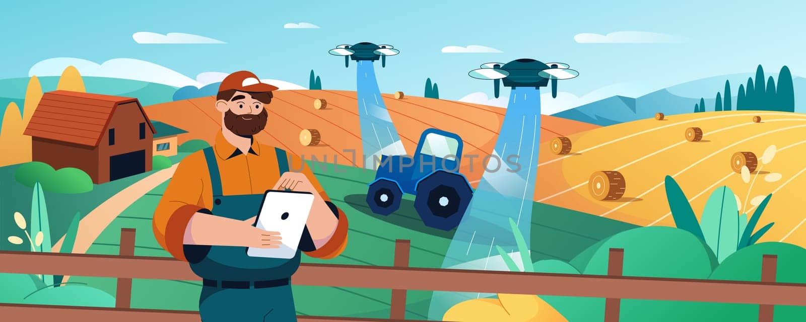 Cartoon farmer with digital tablet using robot drone to automate irrigation and spray liquid fertilizer of agricultural field. Agriculture innovation technology or smart farming system concept.