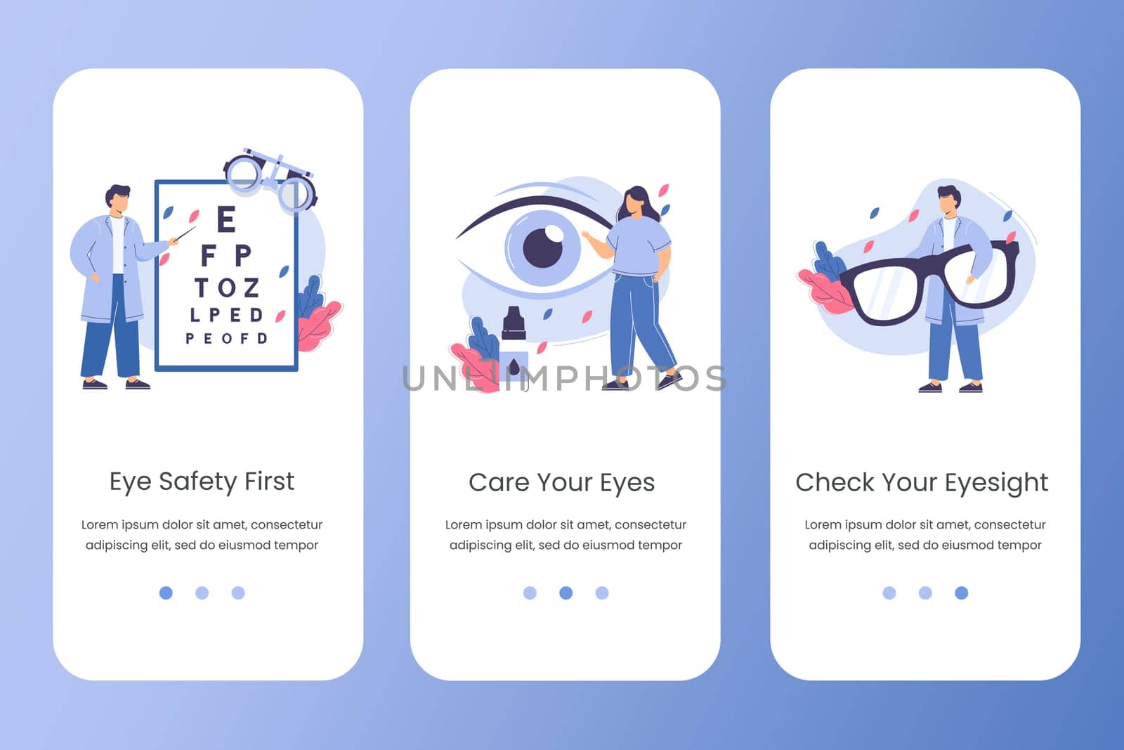 Flat ophthalmologist doctor with magnifier in hands check eyesight. Eye testing or vision correction vector website template. Care eyes concept with drops and eyeglasses. Landing page design for app.
