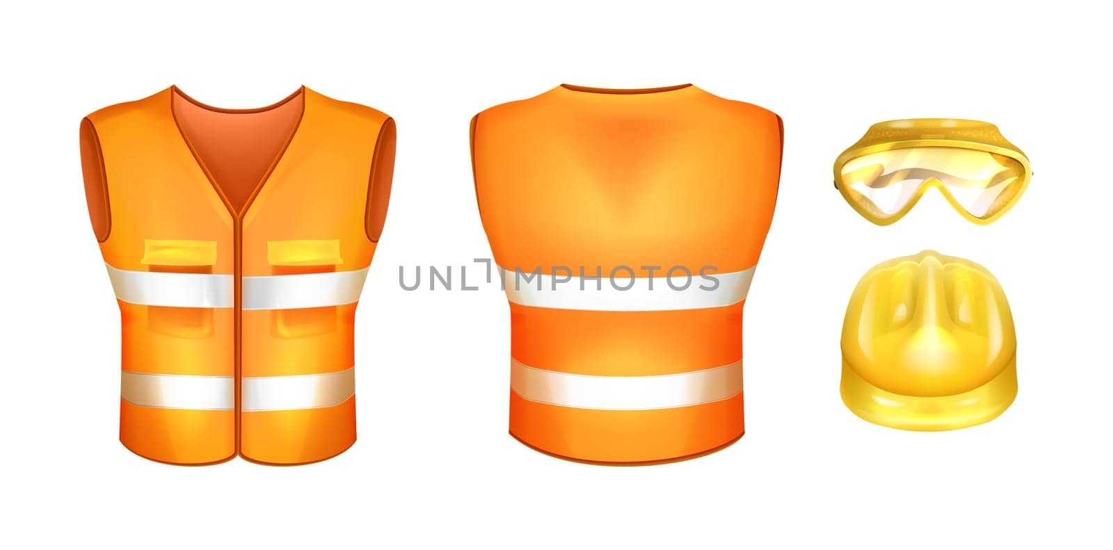 Realistic orange safety vest with reflective stripes and hard hat. Construction helmet and glasses. Personal protective equipment and hi-vis uniform for workers. High visibility uniform with tapes.