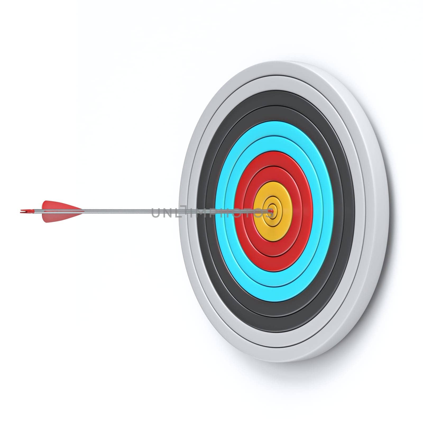 Archery target with arrow in the center 3D rendering illustration isolated on white background