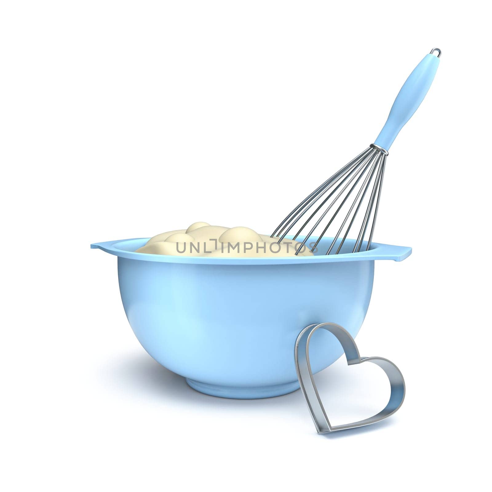 Blue bowl with a whisk and dough shape cutter 3D rendering illustration isolated on white background