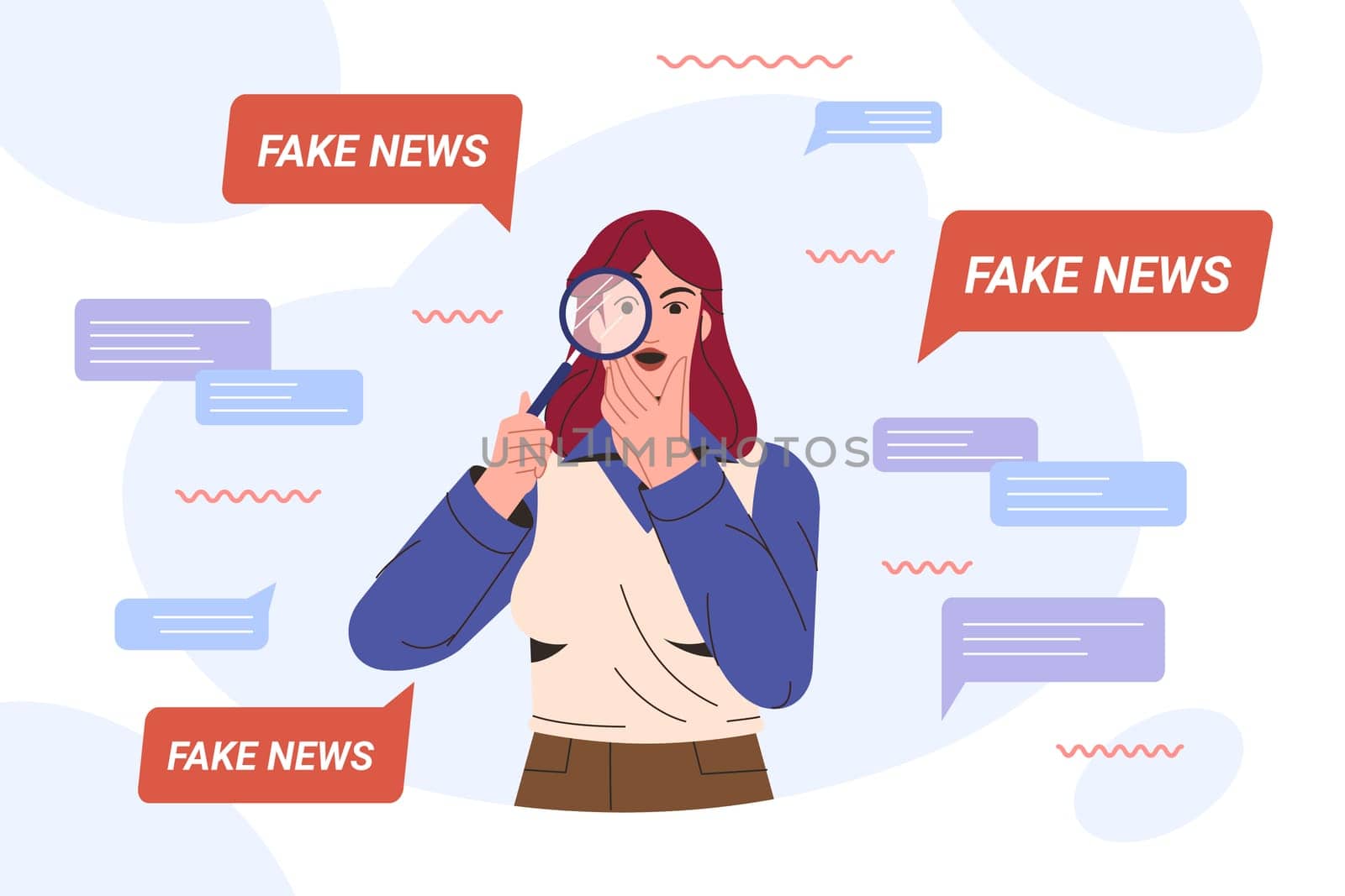 Flat amazed woman with magnifying glass research on fake news spreads in social media. Woman shocked from article in online press with disinformation, falsehood and lies. Spread of false information.