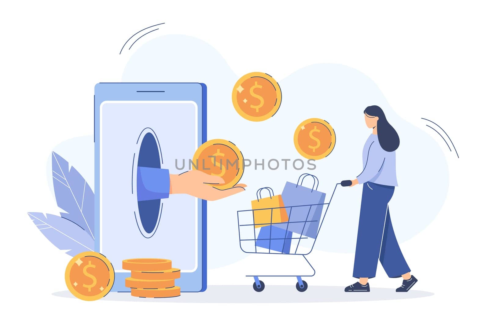 Cashback refund or financial savings flat vector illustration. Hand from smartphone give to woman money cash back for online purchase. Girl with shopping cart receiving bonus golden coins and reward.