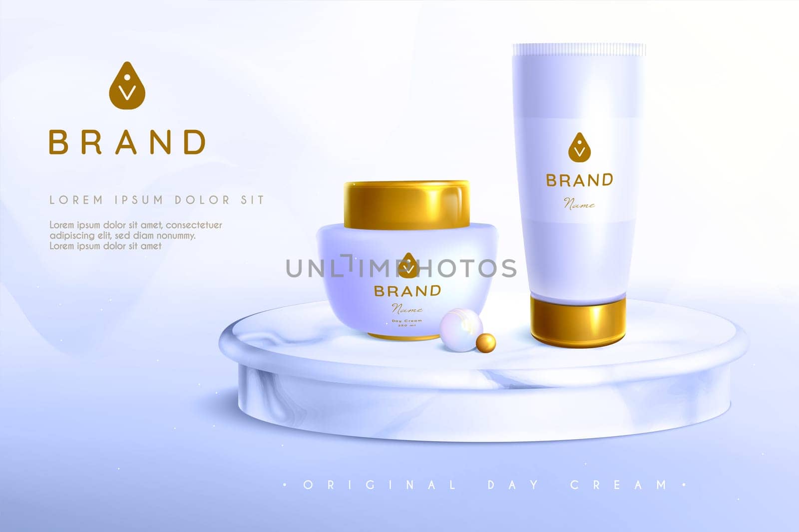 Pearl natural cosmetics 3d vector realistic illustration. Jar and plactic tube with golden lid with reflection on round marble podium stage. Anti-aging cream or organic lotion formula for healthy skin
