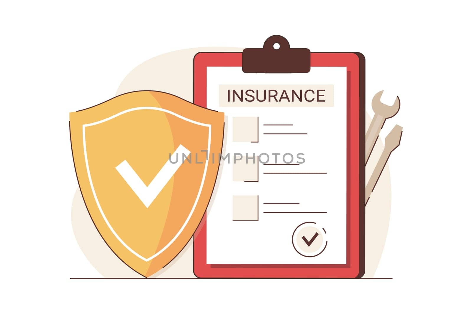 Flat transportation insurance with policy claim form and security shield. Financial protection from car damage, repair, road accident and theft auto. Automobile safety service concept.
