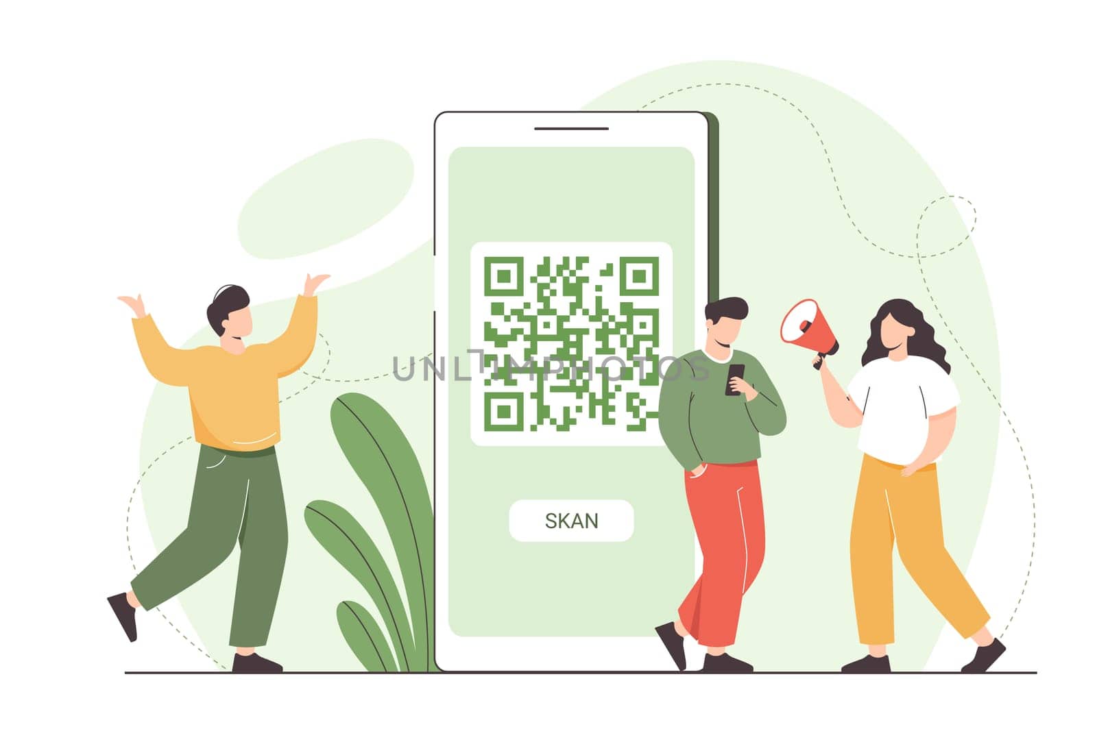 Flat man with mobile phone scanning qr code for online payment and internet shopping. Characters standing near big smartphone with qr symbol on device screen and using scanner id app for pay.
