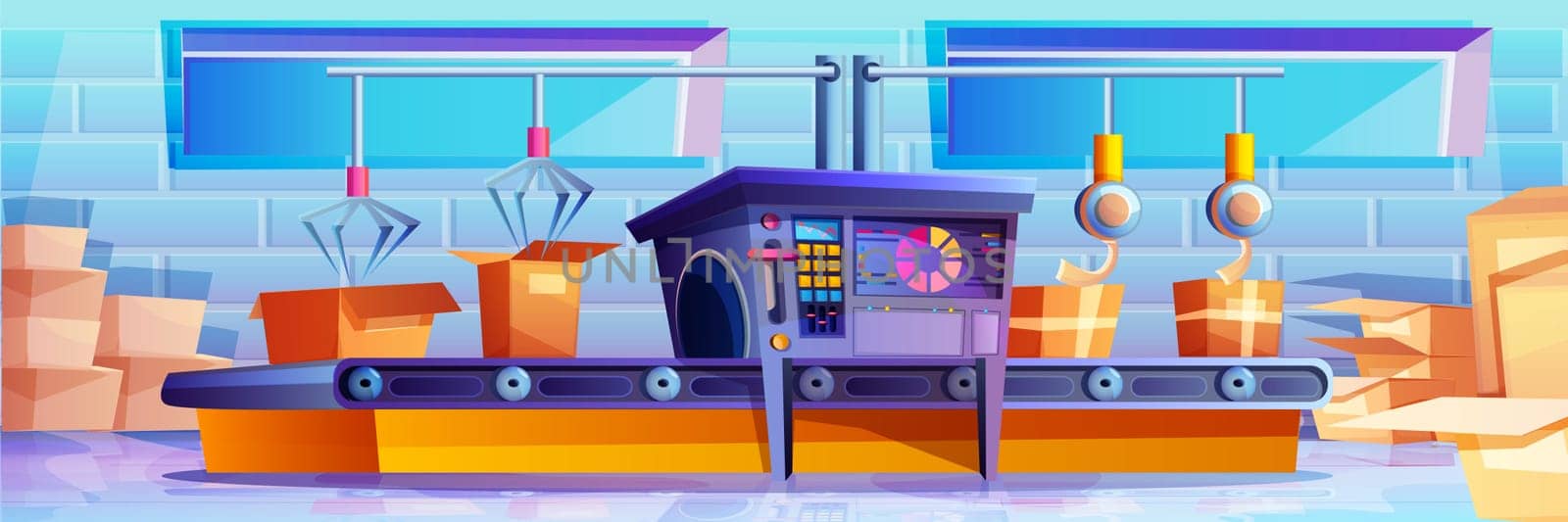 Cartoon conveyor belt with robotic arms for automated packaging product and goods in cardboard boxes. Factory transporter production line with parcels, carton packages. Warehouse, post office interior