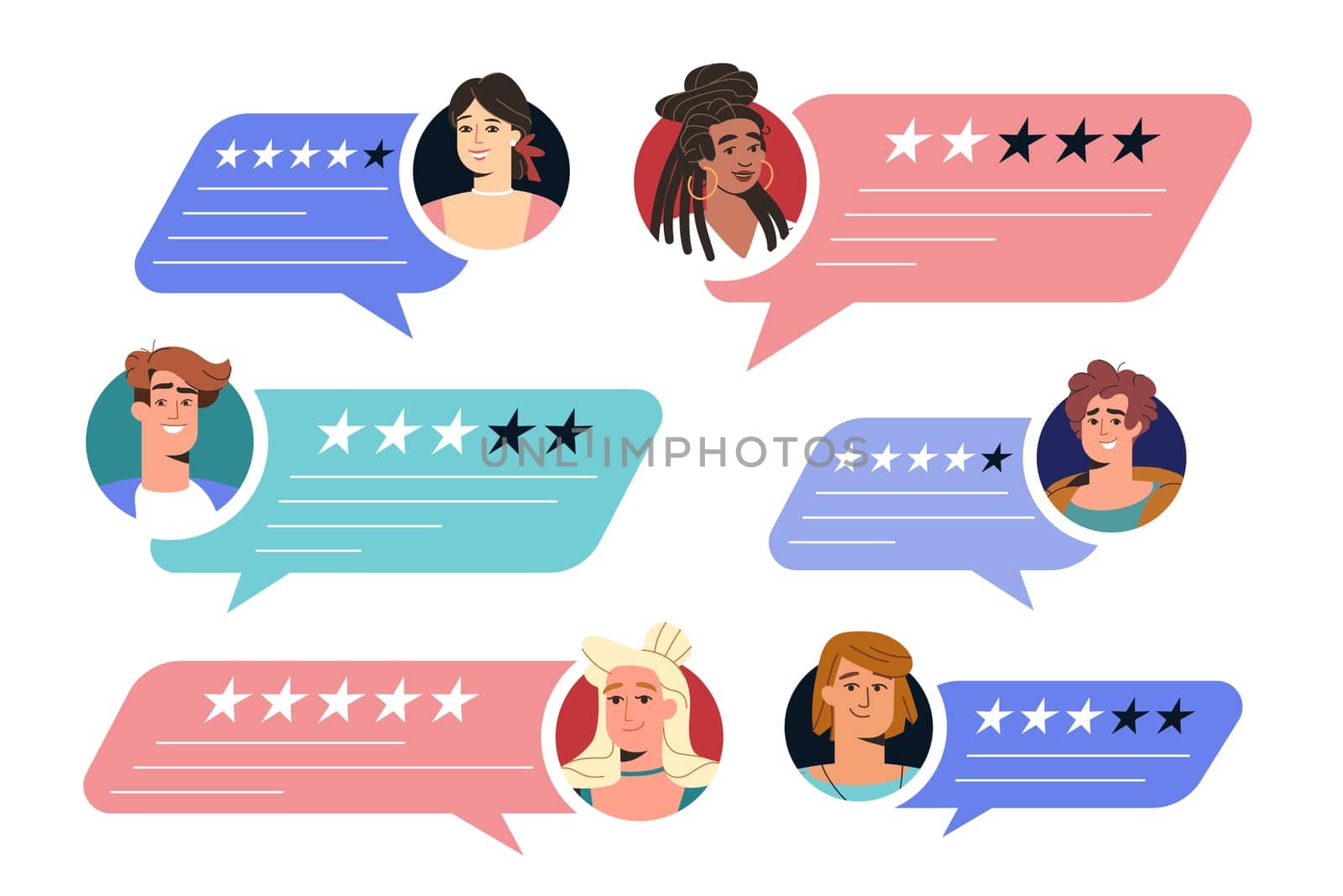 Customer feedback or opinions. Flat clients give online review, rate satisfaction level or service evaluation. Users in speech bubbles with testimonials messages and star rating.