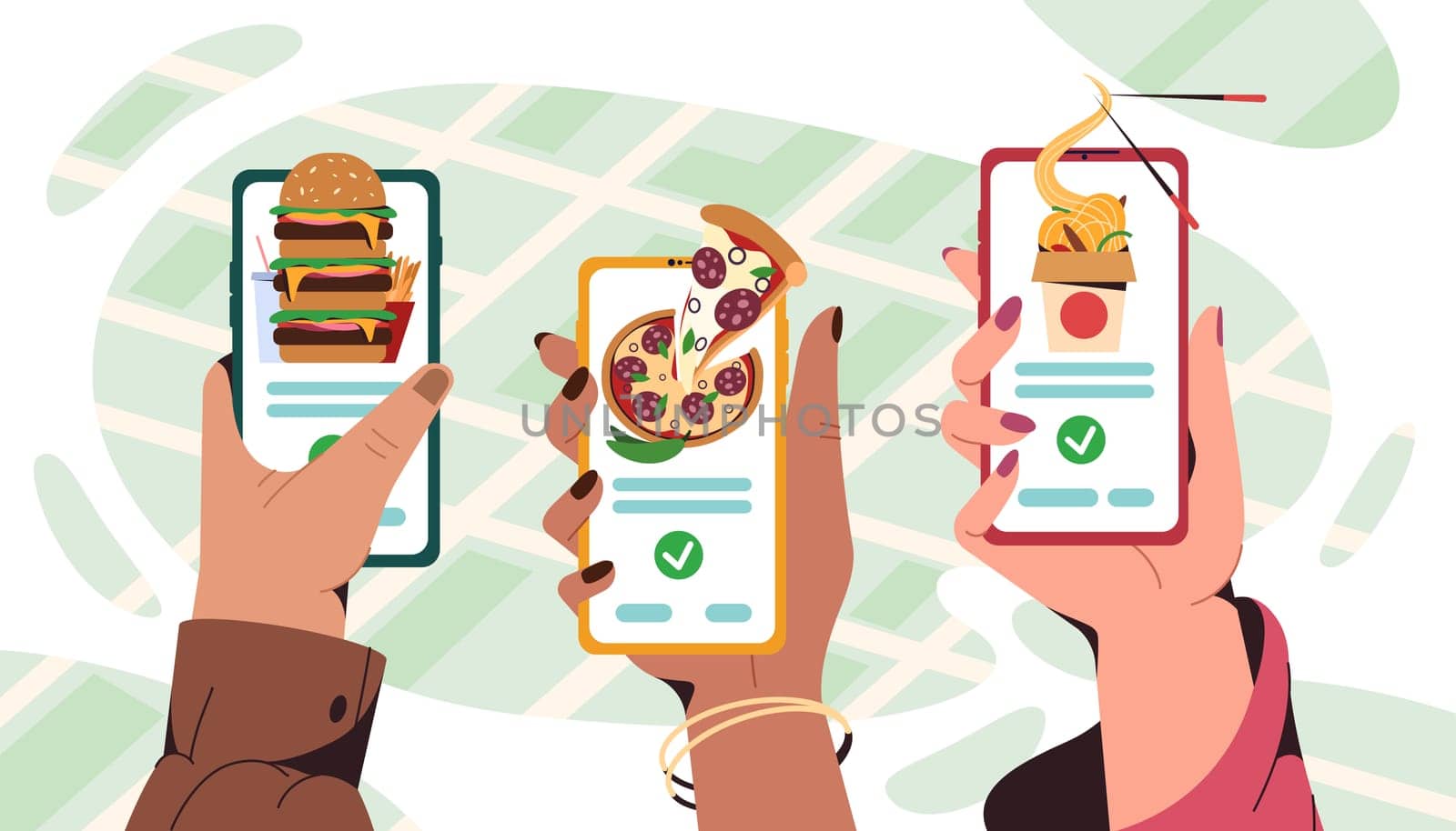 Flat human hands hold smartphone with mobile app for ordering fast food at home or take away. Online service for order asian and italian meals. Pizza, burger and wok box with noodles delivery.