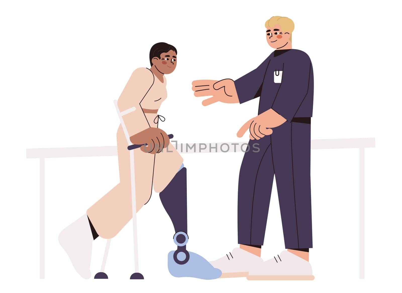Flat physiotherapy doctor help patient to walk on prosthesis. Guy with crutches after amputation surgery. Man with prosthetic leg perform exercises for mobility. Physical rehabilitation center concept