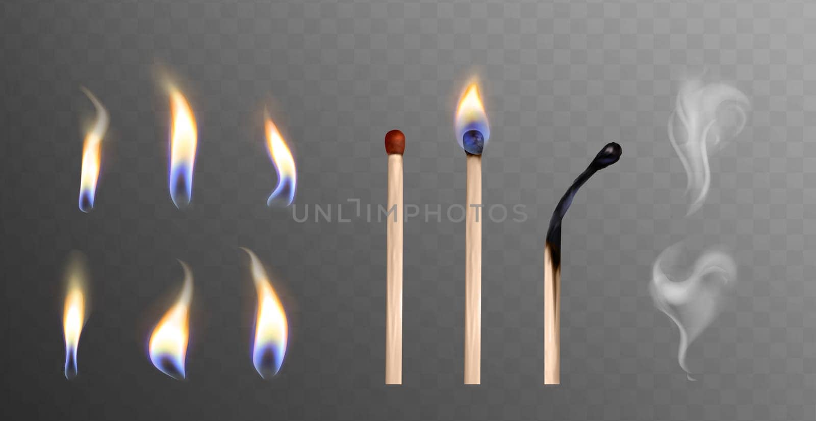 Realistic 3d vector illustration of whole and burnt wooden matchsticks. Flame light and smoke collection on transparent background. Stages of match or wood stick burning or ignition from fire.