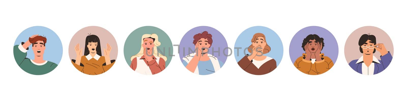 Flat set portraits of shocked scared avatar. Excited and wondered characters faces. Young people with open mouths confused or perplexed. Amazed man and woman with frightened emotions. Horrified person