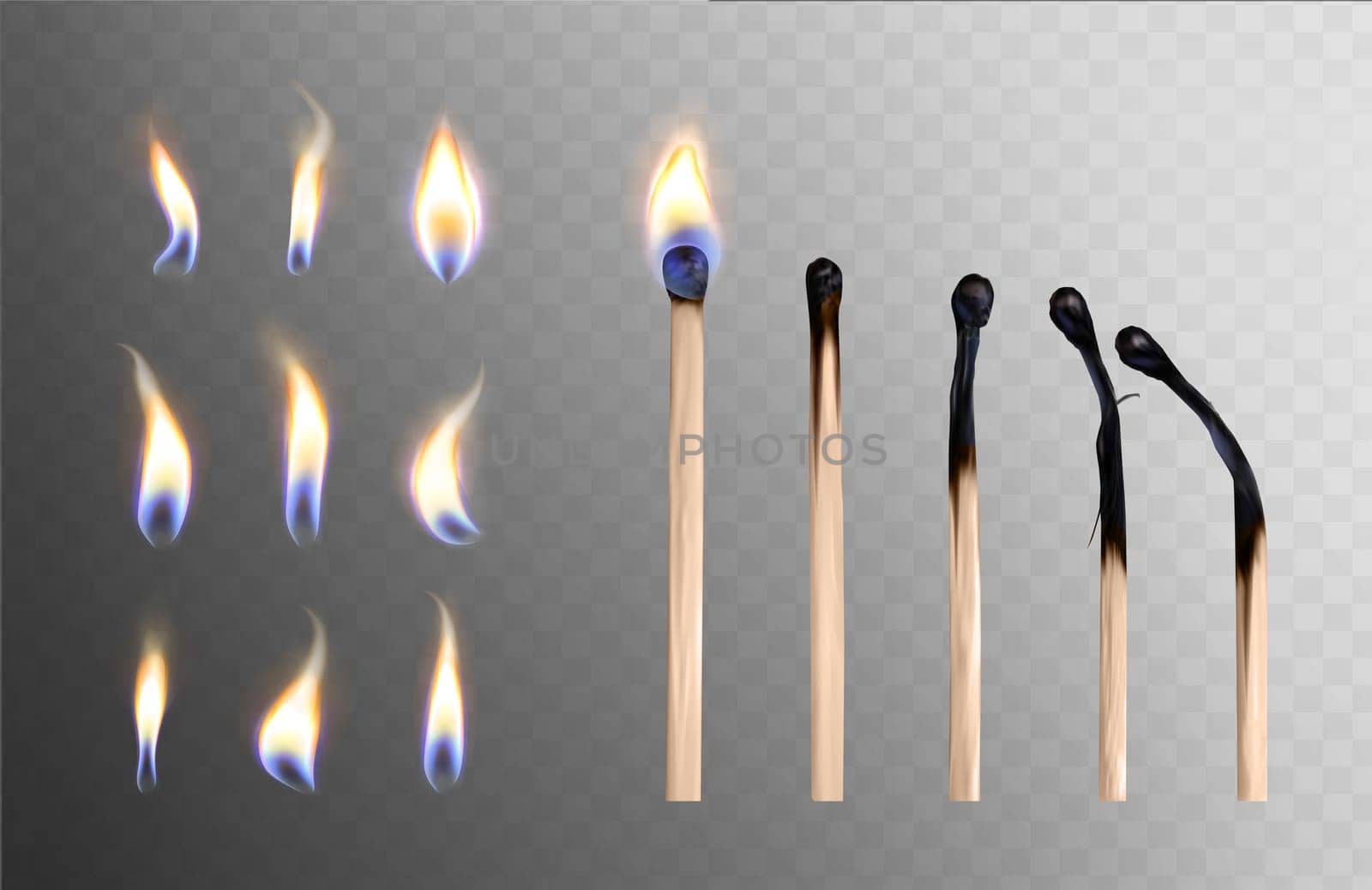 Realistic 3d vector illustration of whole and burnt wooden matchsticks and different flame icon set. Stages of match or wood stick burning or ignition from fire isolated on transparent background.